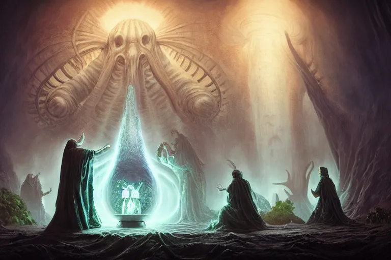 Prompt: 4 k hyperrealistic photorealistic matte painting photography of group circle pope priest in an invoking ritual in front of a viscosity cthulhu within a lovecraft portal, wide - angle portrait, atmospheric lighting, rich deep colors masterpiece, fractal crystals, fantasy portrait by tom bagshaw