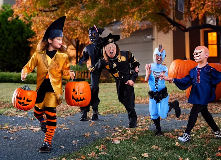 Prompt: dslr photo still of chuck norris trick or treating on halloween, 4 k, 1 2 0 mm f 1 6