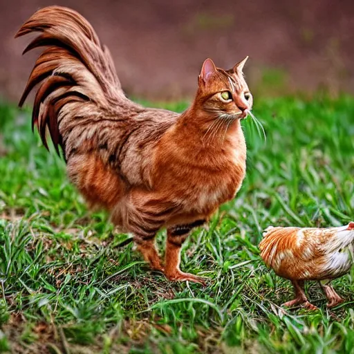 Prompt: hybrid of a cat and a chicken, wild species photography, natural lighting, award-winning, highly-detailed