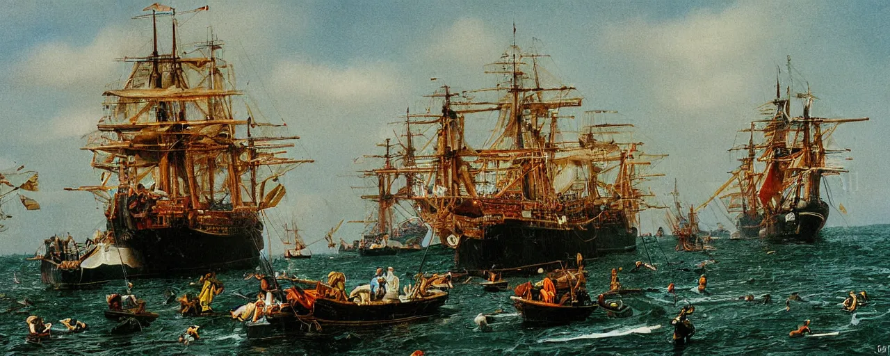 Prompt: dutch east india company shipping spaghetti, open ocean, canon 5 0 mm, kodachrome, photograph, in the style of galen rowell, retrp