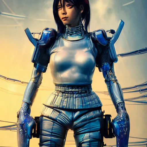 Prompt: An epic fantastic ultrarealism comic book style portrait painting of a female cyberpunk armor samurai, tzuyu ultradetailed face by Artgerm, blue and ice silver color armor, cyberpunk feel raining at tokyo rooftop, Concept world Art, unreal 5, DAZ, 8k, hyperrealistic, octane render, cosplay, RPG portrait, final fantasy artwork concept, dramatic lighting, rim lights