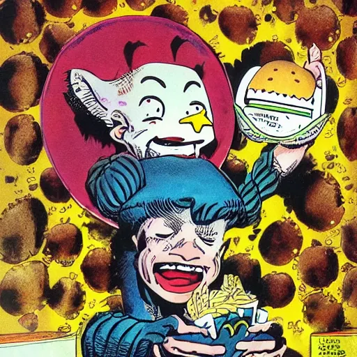 Image similar to dream of the endless asking for a happy meal at mcdonalds comic book sam kieth