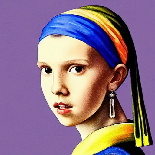 Image similar to Millie Bobby Brown with the pearl earring by Johannes Vermeer