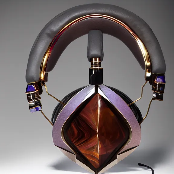 Image similar to masterpiece photo of beautiful crafted artistic bismuth metal headphones, bismuth rainbow metal, bismuth cups, leather padding, displayed on mahogany desk, modernist headphones, bismuth headphones beautiful well designed, hyperrealistic, audiophile, intricate hyper detail, extreme high quality, photographic, meze audio, sennheiser, hifiman, artstation, abyssal audio