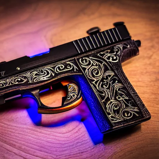 Prompt: a studio photograph of a high - tech intricate jewled engraved laser pistol with exposed glowing circuits, magical elven technology, and stylized wooden inlays, laying on stone, xf iq 4, 1 5 0 mp, 5 0 mm, adobe lightroom, photolab, affinity photo, photodirecto