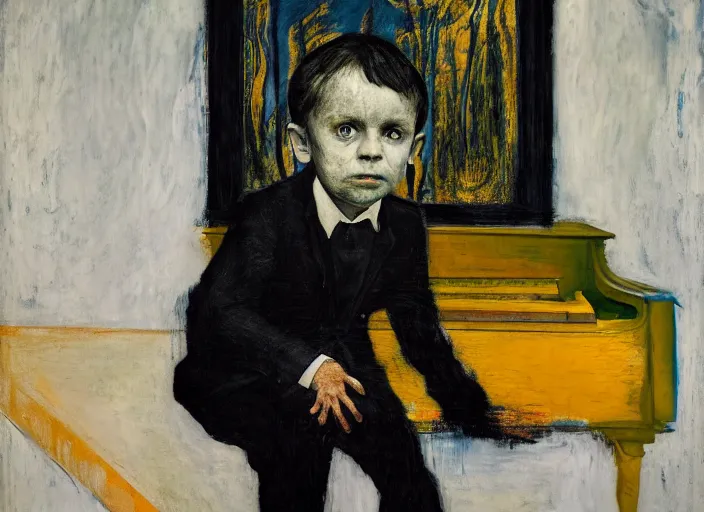 Prompt: portrait of a child piano player in suit waiting, vincent lefevre and hernan bas and pat steir and hilma af klint, psychological, photorealistic, dripping paint, washy brush, rendered in octane, altermodern, masterpiece