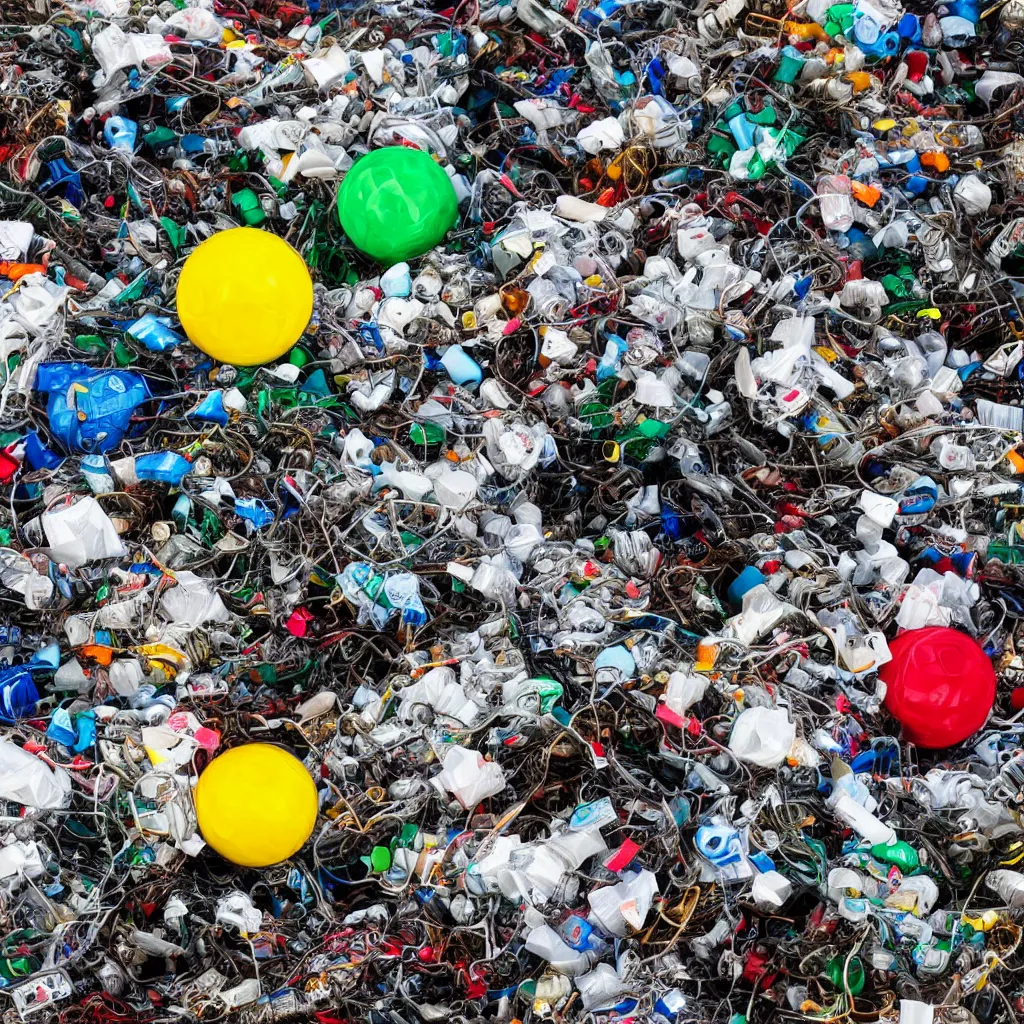 Prompt: ball made of plastic garbage and domestic waste and metal trash, photo realistic image, 4K, super detailed, cinematic look
