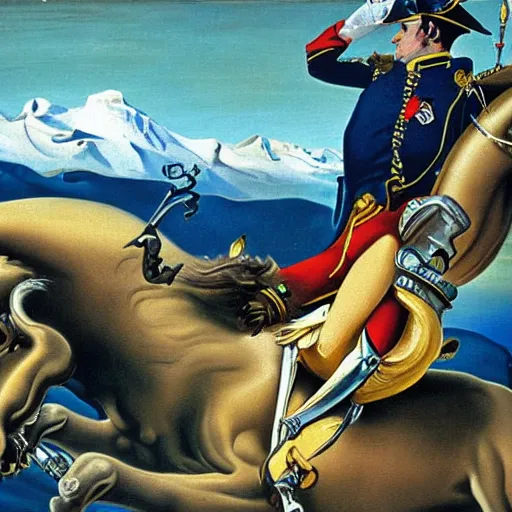 Image similar to Napoleon Crossing the Alps on a Harley Davidson , Salvador Dali style , oil painting