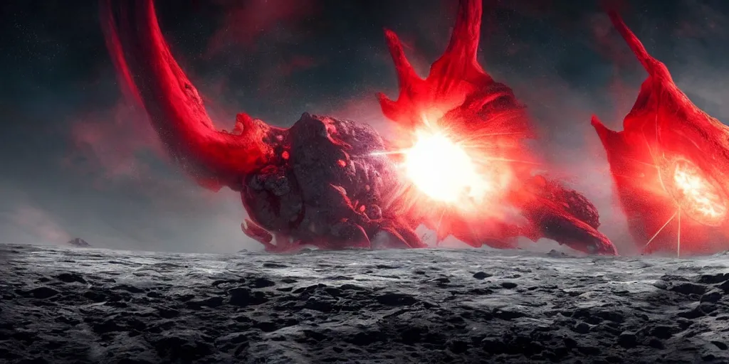 Image similar to giant <Cthulhu> silhouetted lunar surface crushing attacking red spaceship fighter with explosion, photorealistic, wide-angle, long shot, epic, space, lunar backdrop