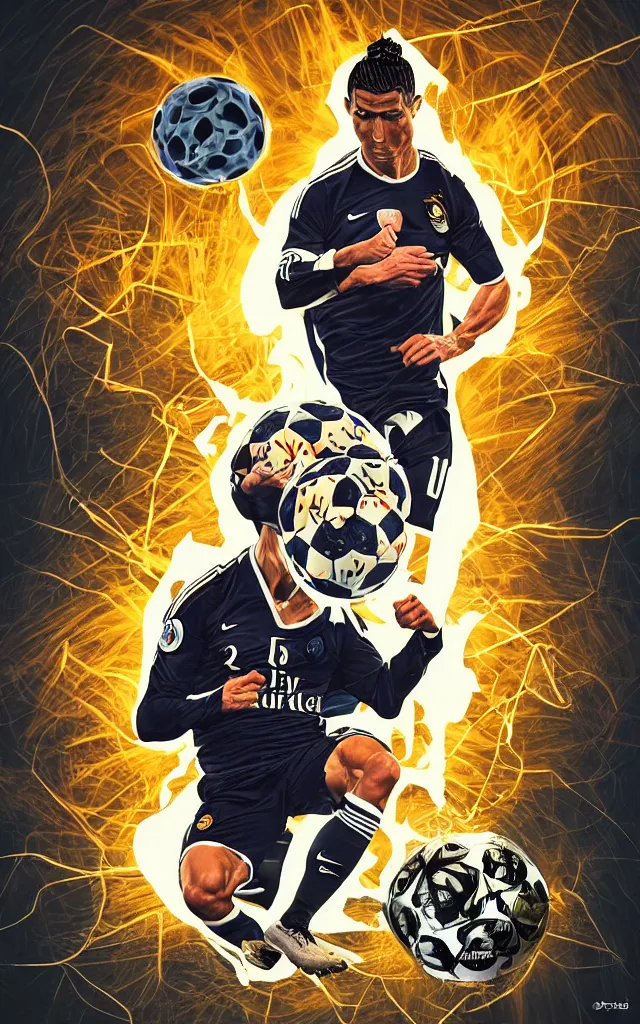 Prompt: scientific twisted cristiano ronaldo soccer player surrounded by twisted skulls and tackling the nike ball in front of the light flare, night earth crust, trail cam, realistic photography paleoart, masterpiece album cover