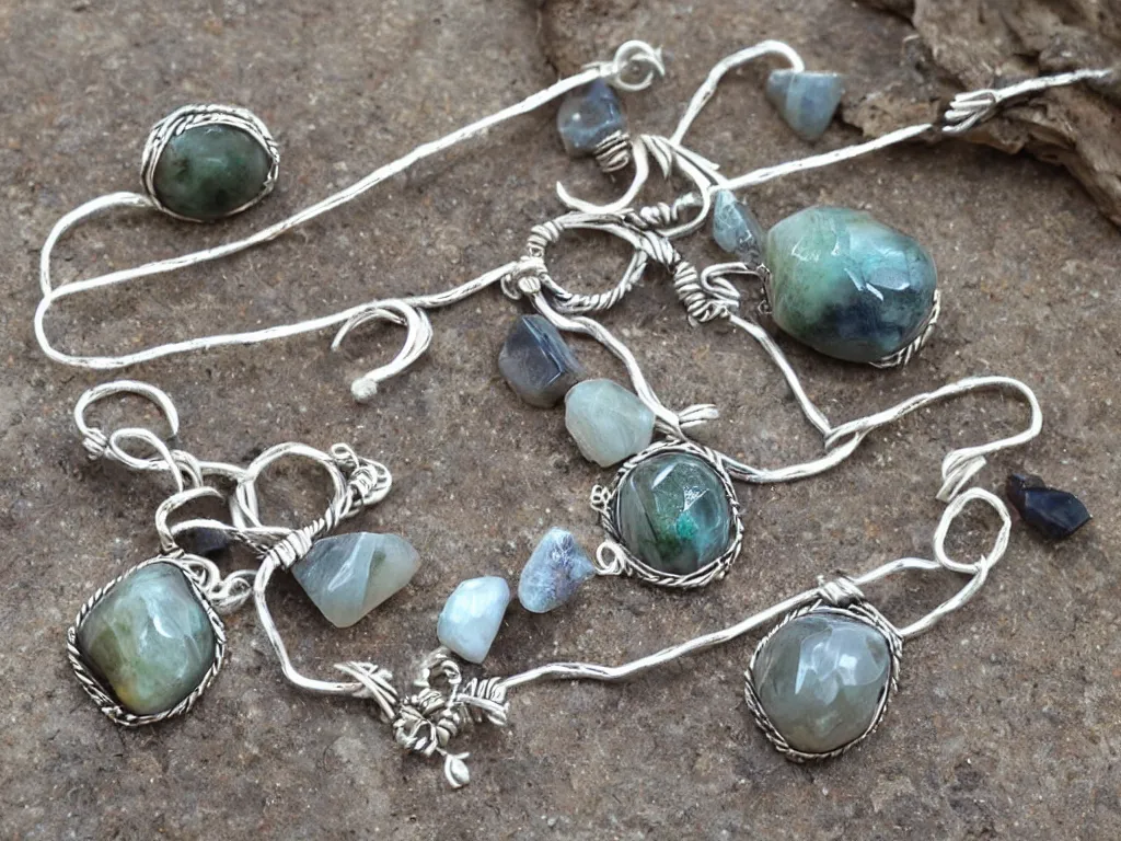 Prompt: rustic hand made jewelry hand crafted from silver and natural gemstones