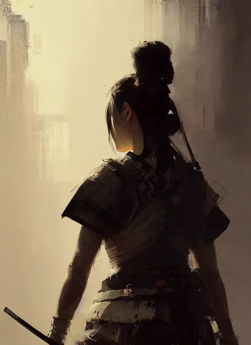 Image similar to female samurai, rule of thirds, intricate outfit, spotlight, by greg rutkowski, by jeremy mann, digital painting