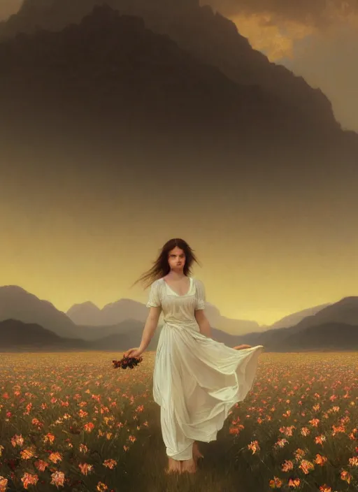 Image similar to oil painting portrait of a young woman with long flowing hair in a white dress, dancing through a field of flowers at sunset with mountains in the background, hazy, digital art, chiaroscuro, artstation, cinematic, golden hour, digital art painting by greg rutkowski, william - adolphe bouguereau, hazy atmosphere, flowers, cinematic lighting