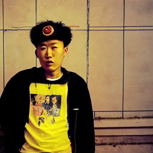 Prompt: A North Korean punk rocker, portrait, by Jamel Shabazz