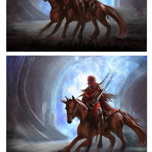 Image similar to epic wizard riding a horse into the gates of hell, holding a shotgun, realistic concept art
