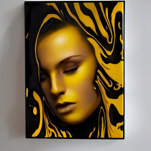 Image similar to liquid marble acrylic fluid paint, portrait, golden and black liquid materials, abstract art, beautiful female model standing, semi realism, surreal