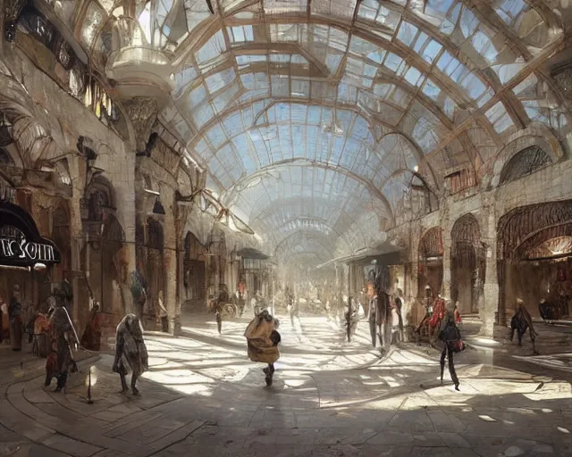 Prompt: a mall in the style of medieval roman constantinople, art by greg rutkowski and artgerma, stunning concept art, interior design architecture