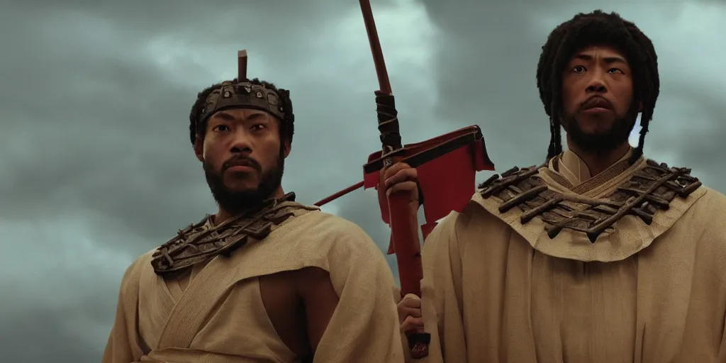 Image similar to a film still of a light skinned black man starring as an ancient samurai in a japanese blockbuster film, shallow depth of field, cinematic, award winning cgi, vfx, film still