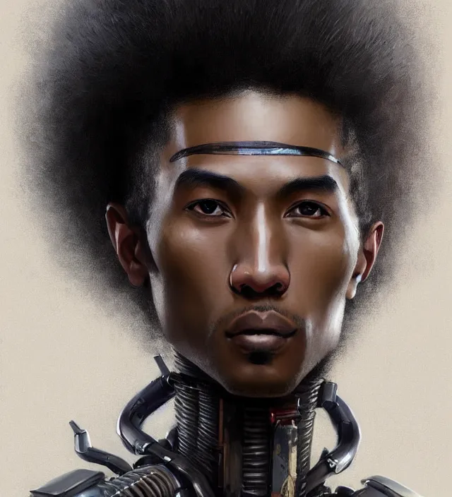 Image similar to portrait of a man by greg rutkowski, he is about 2 5 years old, mixture between afroamerican and japanese, afro hair, geisha tatoos, very tall and slender, he is wearing a futuristic police gear, highly detailed portrait, digital painting, artstation, concept art, smooth, sharp foccus illustration, artstation hq