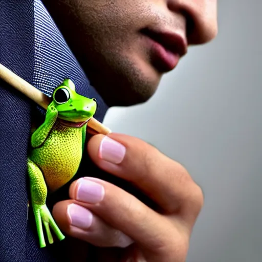 Image similar to a high detail closeup photograph of a 🐸 wearing a suit 👔,and smoking a cigarrette🚬, award wining photograph