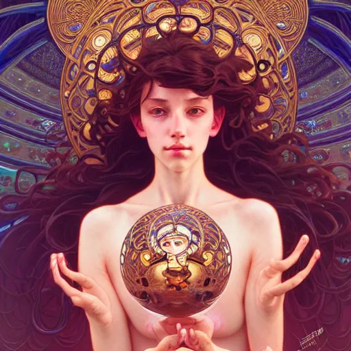 Prompt: Portrait of a girl surrounded by floating orbs, face, fantasy, intricate, elegant, highly detailed, digital painting, artstation, concept art, smooth, sharp focus, illustration, art by Hajime Sorayama and Fernanda Suarez and Artem Demura and alphonse mucha