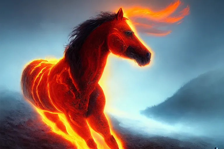 Prompt: a stunning digital painting of a horse made of lava with a mane and tail made of fire by greg rutkowski, volumetric light, digital art, fine detail, photorealistic