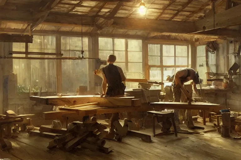 Image similar to simple craftsman fine woodworker building a wooden table in their well lit clean open workshop, art by anders zorn, wonderful masterpiece by greg rutkowski, beautiful cinematic light, american romanticism thomas lawrence, greg rutkowski