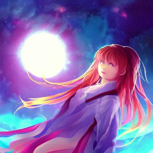 Image similar to over the cloud there is a cosmic girl A young female looks like kasumi arimura with wolor explosion background trending on artstation and twitter by Yoneyama Mai and Krenz Cushart, trending on pixivpour technique, she isColorful astronaut, flowing robe, floating , colorful nebula, derelict space ship, science fiction spaceman, space, futuristic spacesuit, cover art, cinematic, highly detailed, strong line work, Alphonse Mucha, John Harris, 4k render, 4k post, hyper detailed