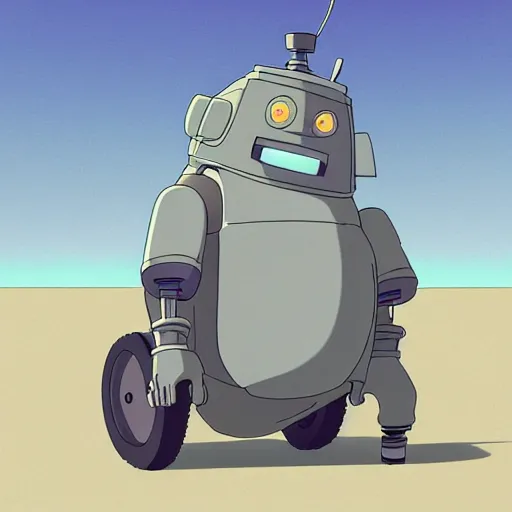 Prompt: a study of cell shaded cartoon of a grey robot st. bernard from howl's moving castle ( 2 0 0 4 ) on a desert road, full body, wide shot, very muted colors, post grunge, studio ghibli, laurie greasley, highly detailed, deviantart, art by artgem