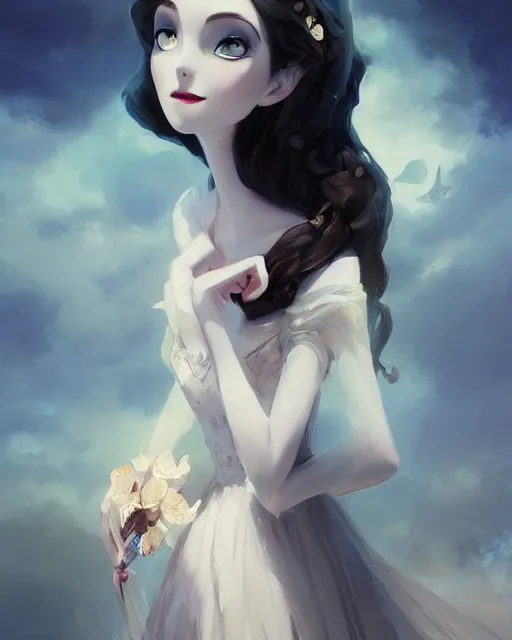 Image similar to elegant mysterious solemn victoria everglot from the corpse bride, portrait, illustration, rim light, top light, summer clear blue sky, perfectly shaded, soft painting, art by krenz cushart and wenjun lin