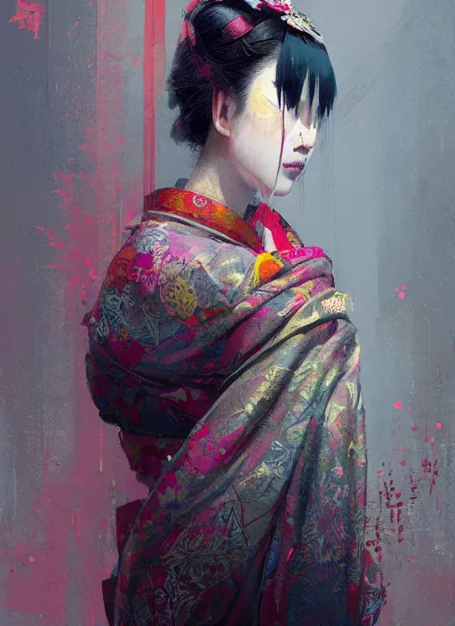 Image similar to female geisha girl, beautiful face, colourful, rule of thirds, intricate outfit, spotlight, by greg rutkowski, by jeremy mann, digital painting