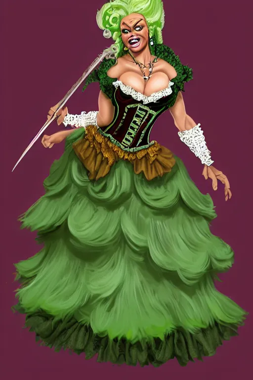 Prompt: d&d character artwork of a brawny green-skinned orc drag queen wearing a very girly prissy frilly rococo outfit (ballgown, corset, frills, ribbons) and wearing a huge rococo powdered wig, rococo fashion, D&D, fantasy, highly detailed, digital painting, artstation, smooth, sharp focus, illustration, art by artgerm and greg rutkowski and alphonse mucha