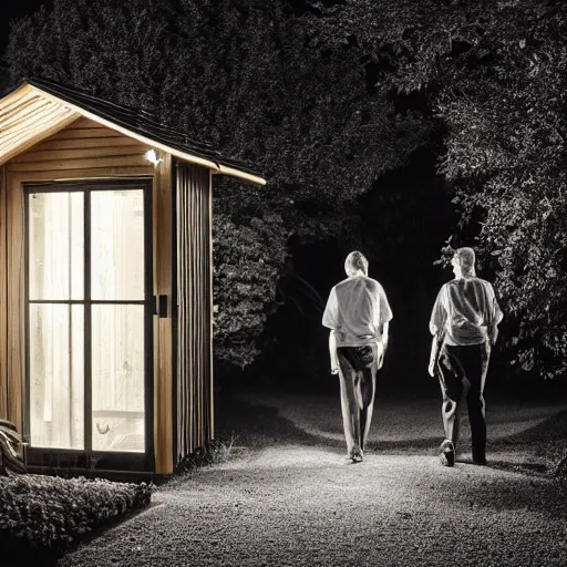 Image similar to A dark photo of two men in a garden at night walking towards a small wooden garden shed