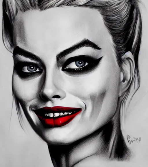 Image similar to a realism drawing of beautiful margot robbie as harley quinn portrait with joker makeup, in the style of den yakovlev, realistic face, black and white, realism, hyper realistic, highly detailed