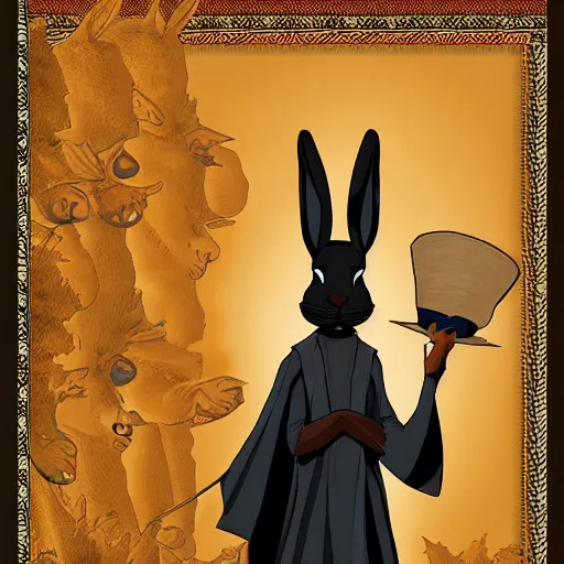 Image similar to black humanlike anthropomorphic jackrabbit harengon, wearing monk robes and a large wide brimmed hat, dark foreground, 4 k digital art