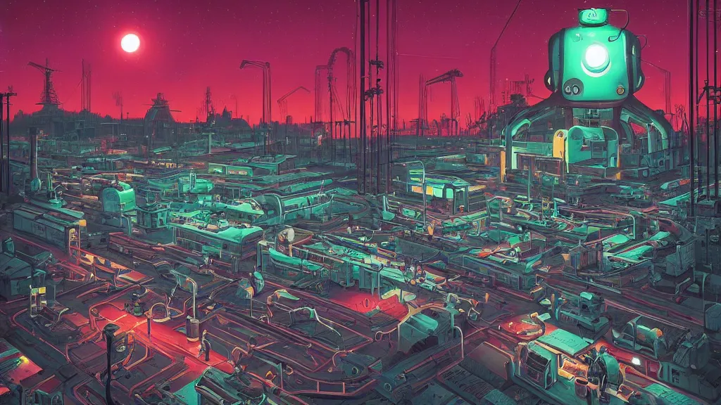 Prompt: robot factory at night by simon stalenhag and zaha hadid and dan mumford