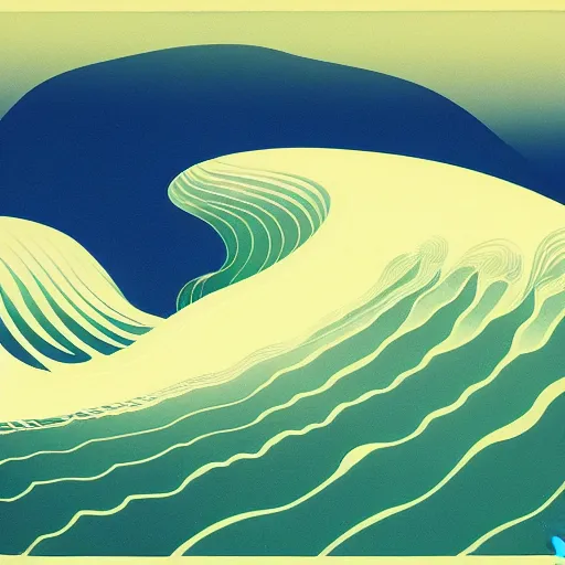 Prompt: a perspective view of waves crashing on the shore, by eyvind earle