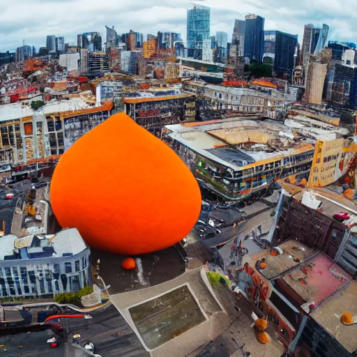 Prompt: gigantic baby wearing orange peel as a hat stands menacingly in the middle of a city, drone shot