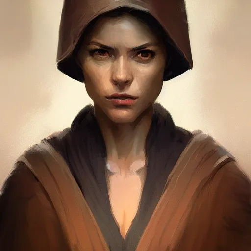 Image similar to portrait of a woman by greg rutkowski, jedi knight allana solo, straight brown hair, jedi robes, star wars expanded universe, she is about 2 0 years old, wearing jedi robes, highly detailed portrait, digital painting, artstation, concept art, smooth, sharp foccus ilustration, artstation hq