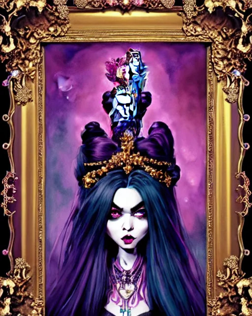 Image similar to maximalist baroque bedazzled gothic royalty frames surrounding a watercolor portrait of maximalist monster high draculaura doll, stephen bliss, unreal engine, by greg rutkowski, loish, rhads, makoto shinkai and lois van baarle, ilya kuvshinov, rossdraws, global illumination, radiant light, detailed and intricate environment, watercolor lighting