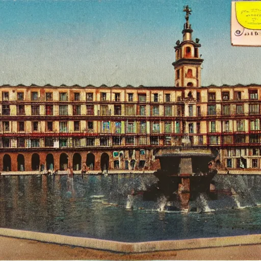 Image similar to coloured postcard of the fountain at la plaza mayor de madrid in 1 9 2 7 ; bromide real photo card with some additional hand - colouring