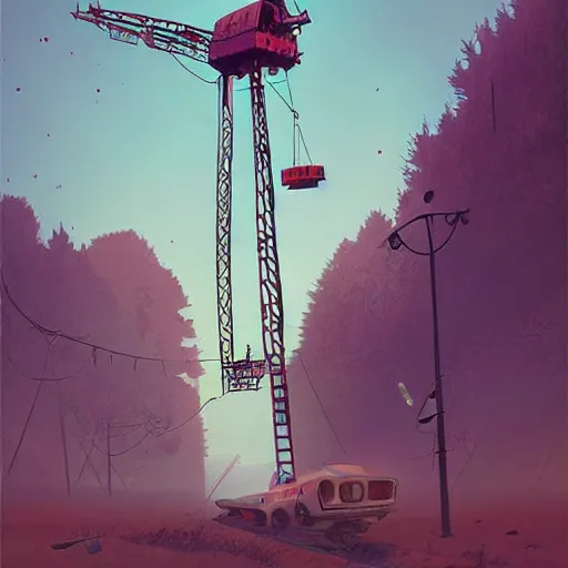 Prompt: an abandoned giant crane shaped like a beetle, art by simon stalenhag