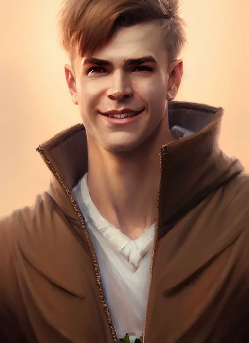 Image similar to a _ fantasy _ style _ portrait _ painting _ of white male short fringe light brown hair short head smiling clean shaven round face rpg dnd oil _ painting _ unreal _ 5 _ daz. _ rpg _ portrait _ extremely _ detailed _ artgerm _ greg _ rutkowski _ greg