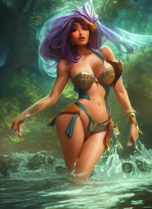 Prompt: qiyana, from league of legends, au naturel, washing in the river, hyper detailed, digital art, trending in artstation, cinematic lighting, studio quality, smooth render, unreal engine 5 rendered, octane rendered, art style by klimt and nixeu and ian sprigger and wlop and krenz cushart