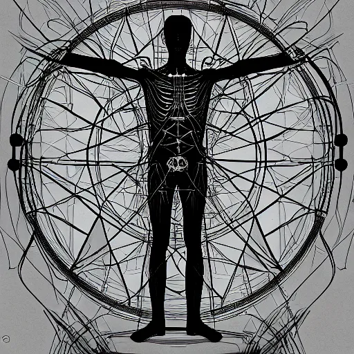 Image similar to a guy standing like the vitruvian man, connected to wires and tubes, wearing goggles, cybernetic, dystopian, Neo Rococo Expressionist, Maximalism, orientalism, diffuse lighting, fantasy, intricate, elegant, highly detailed, lifelike, photorealistic, digital painting, artstation, illustration, concept art, smooth, sharp focus, art by John Collier and Albert Aublet and Krenz Cushart and Artem Demura and Alphonse Mucha