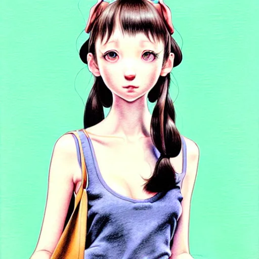 Image similar to richly detailed color  illustration of a dainty pretty young woman wearing a tank top, 'My pet dachshund' is the theme, very soft shadowing, smooth textures, large scale image. art by Range Murata.