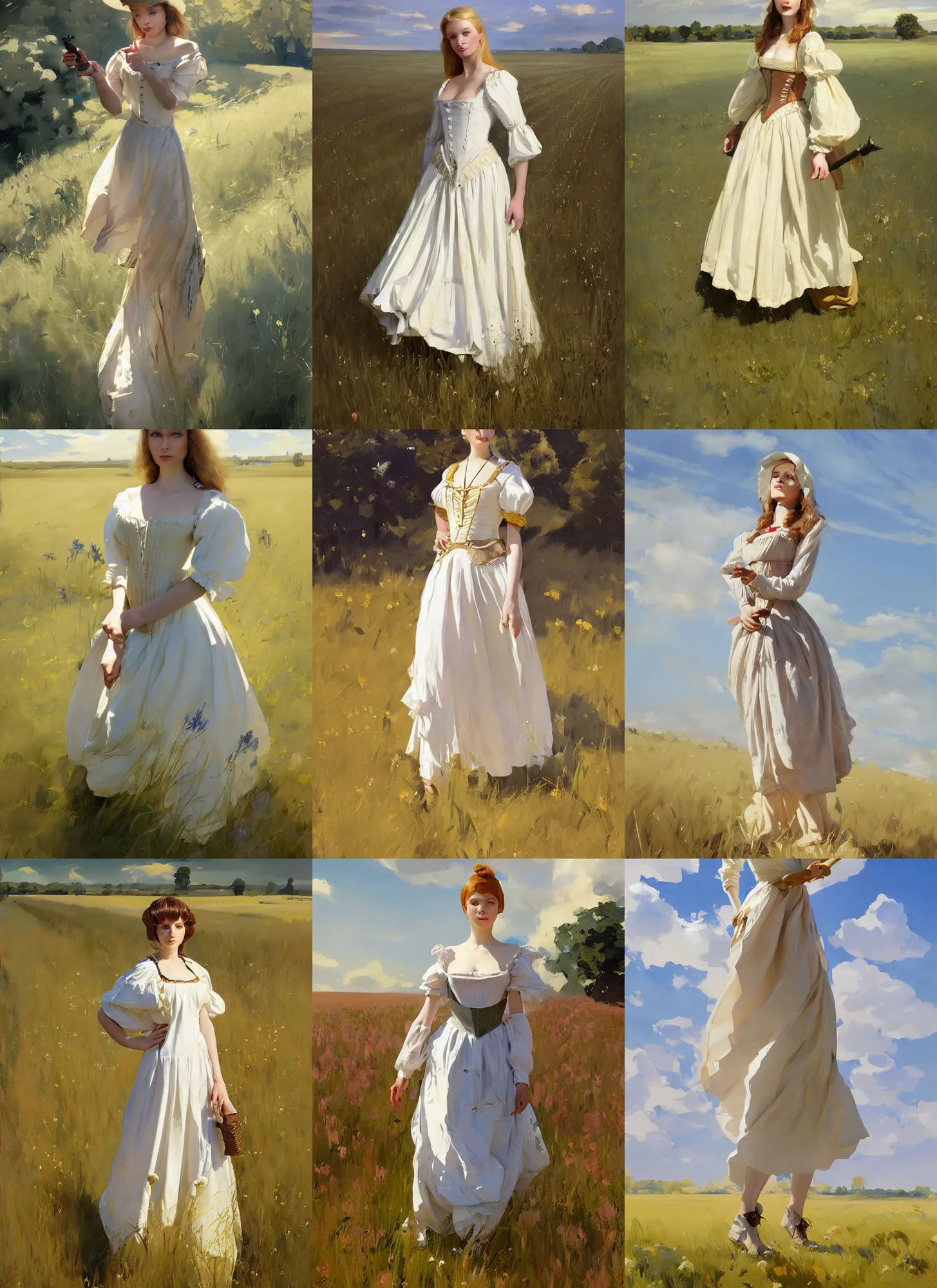 Prompt: attractive ukrainian russian finnish fashion model wearing 1 7 th century bodice walking in the field in a sunny day, jodhpurs greg manchess painting by sargent and leyendecker, studio ghibli, fantasy, medium shot, asymmetrical, intricate, elegant, matte painting, illustration, hearthstone, by greg rutkowski, by greg tocchini, by james gilleard