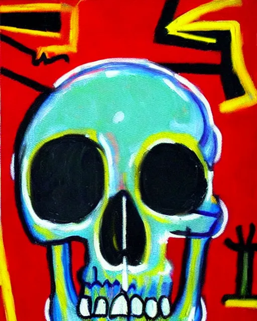 Image similar to detailed geometric oil painting of a terrified scientist skull skeleton by basquiat