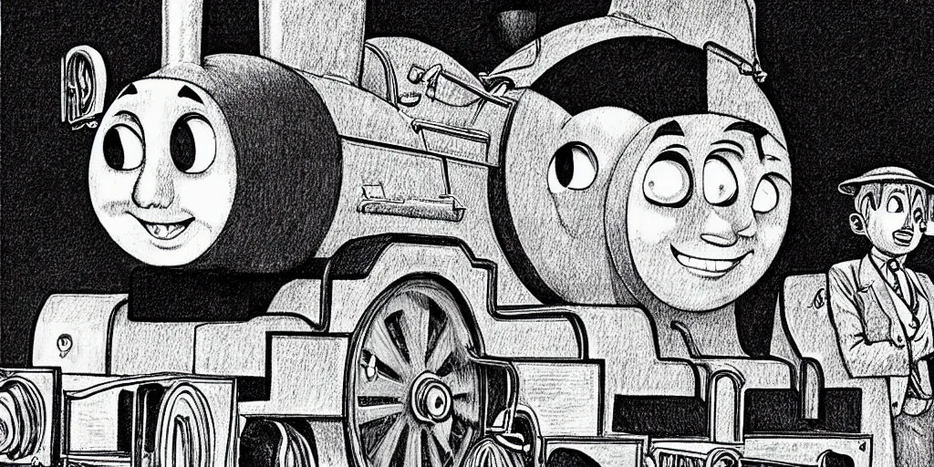 Image similar to Thomas the Tank Engine, illustration by Junji ito, pencil and paper, disturbing