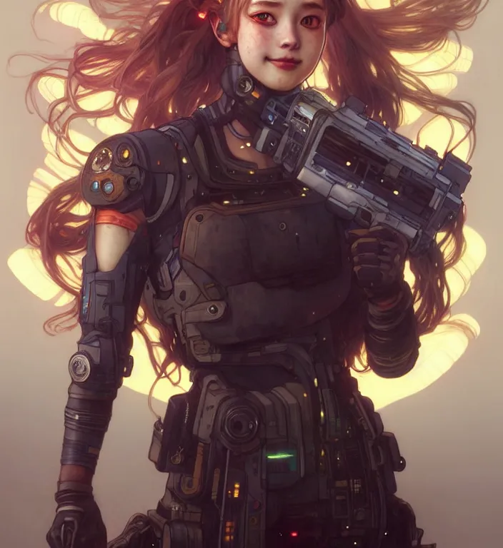 Image similar to full body painting of chuu loona cyberpunk mercenary smiling and jumping, perfect face, ultra realistic, concept art, intricate details, eerie, highly detailed, photorealistic, octane render, 8 k, unreal engine. art by artgerm and greg rutkowski and magali villeneuve and alphonse mucha